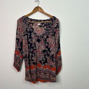 Bila Women’s Multicolor V Neck Paisley 3/4 Sleeve Boho Bohemian Top Size Large